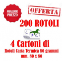 200 Rotoli Scommesse mm. 80x80 Carta Termica da 80 Grammi Retrostampa Generica ( 4 Cartoni )